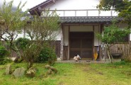庭先　近くの水路で捕まえて来た沢ガニを見聞中の長男